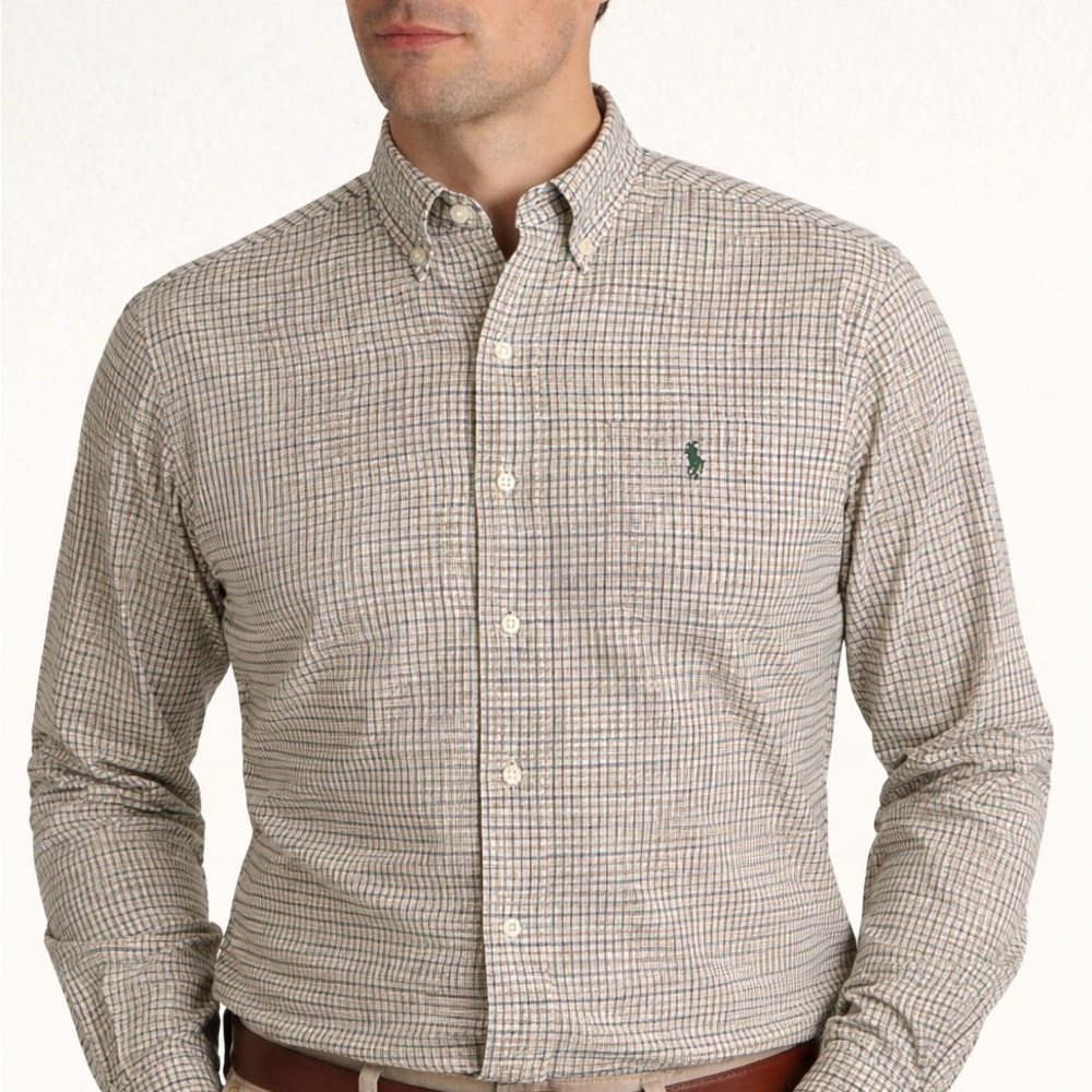 Ralph Lauren Tan and Green Plaid Button-Down Shirt